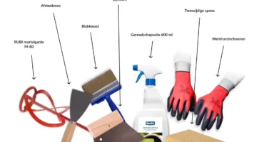 ROMFIX werk startpakket drainagemortel – overzicht gereedschap voor mengen, aanbrengen en reinigen. Gereedschapset voor aanleg van stabiele onderbouw bij flagstones en natuursteen terrassen