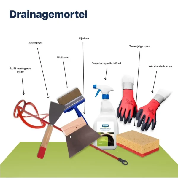 ROMFIX werk startpakket drainagemortel – overzicht gereedschap voor mengen, aanbrengen en reinigen. Gereedschapset voor aanleg van stabiele onderbouw bij flagstones en natuursteen terrassen