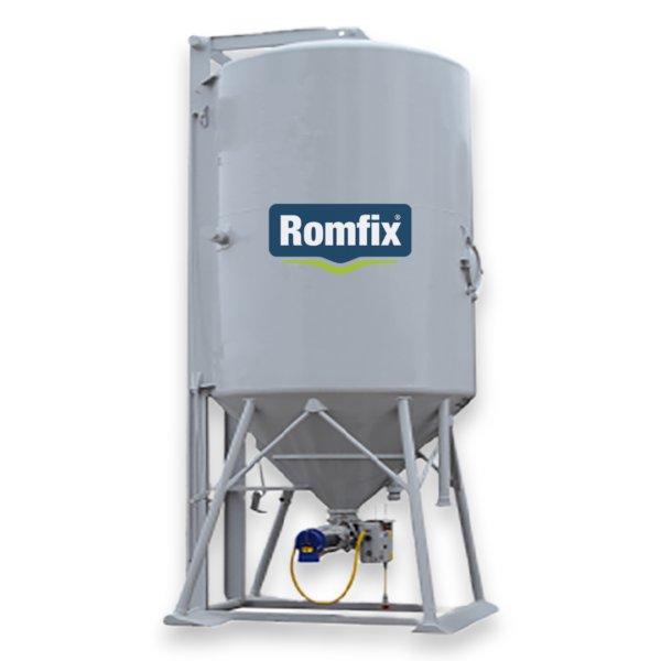 ROMFIX drainagemortel silo met trasmeel 20 ton – plug & play op krachtstroom. Silo drainagemortel voor grote flagstone projecten – snel verwerken zonder mengmolen