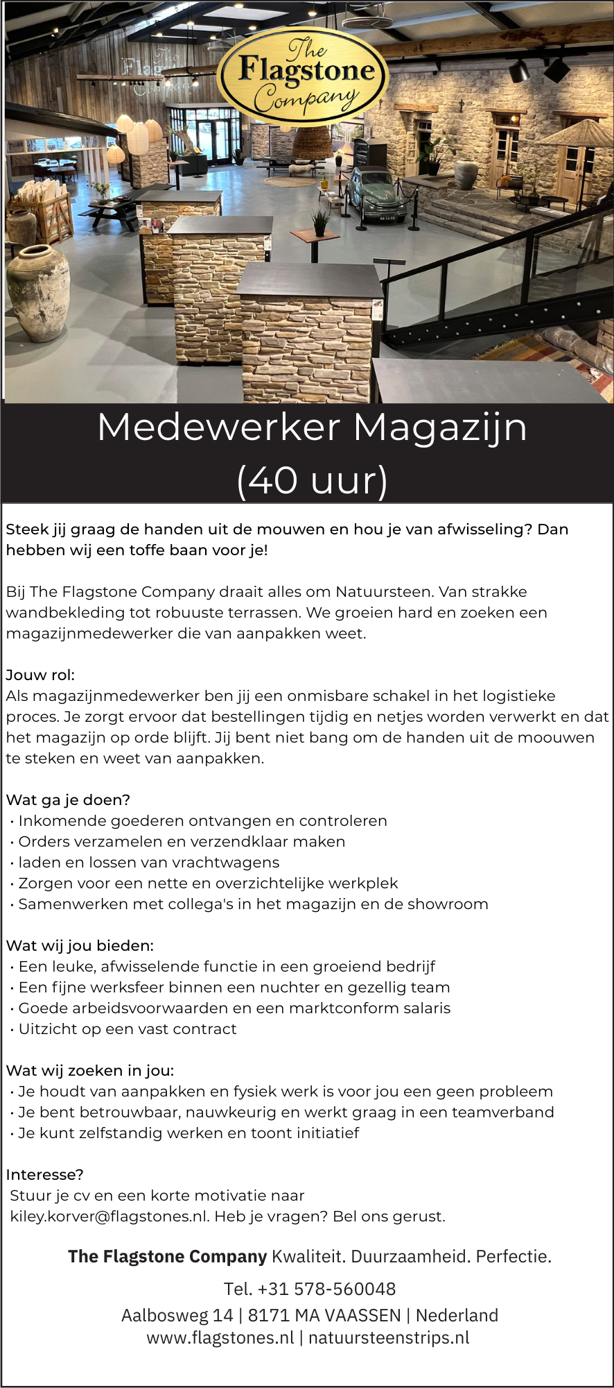 Vacature medewerker magazijn fulltime bij the flagstone company in vaassen