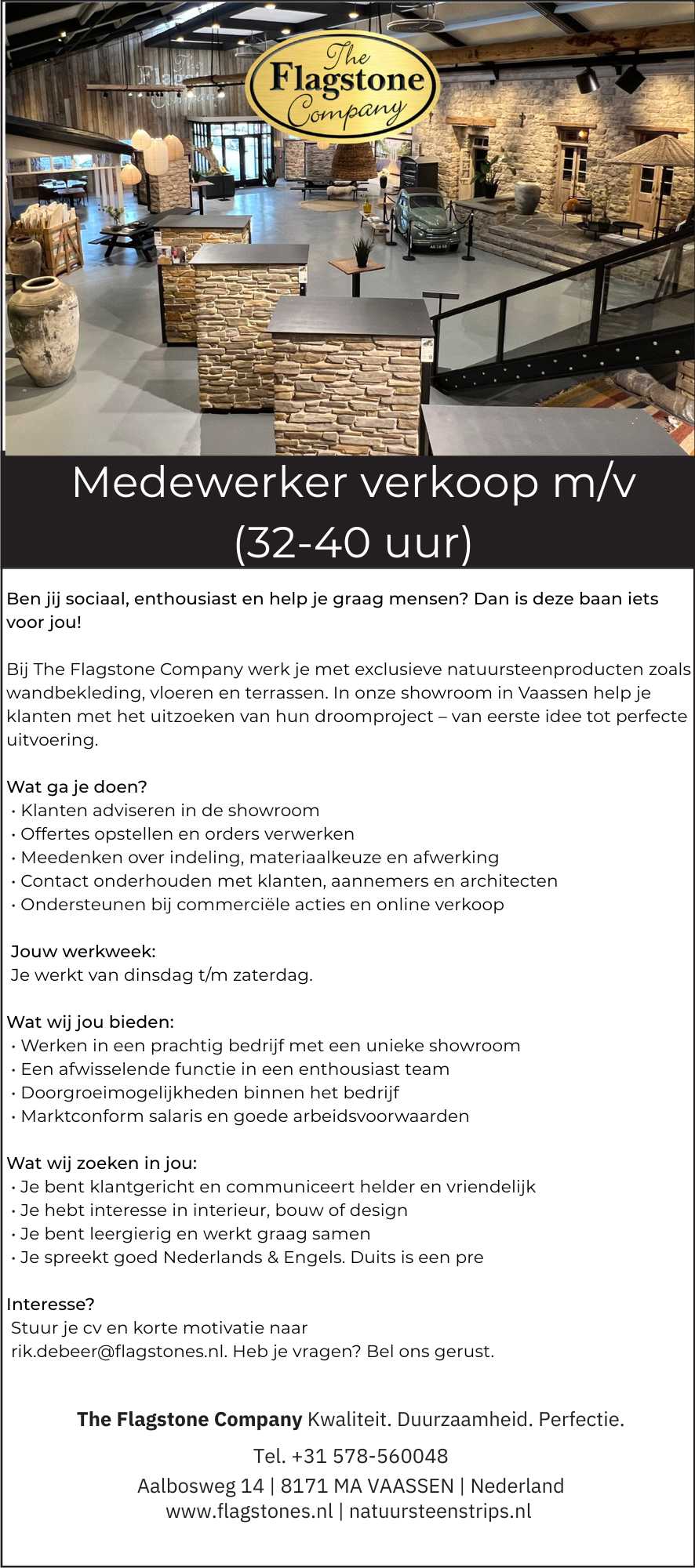 Vacature medewerker verkoop fulltime/parttime bij the flagstone company in vaassen